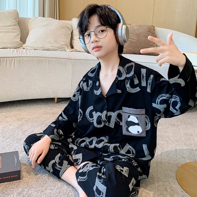 男女童睡衣春秋季长袖中大童韩版翻领开衫纯棉欧美儿童家居服套装