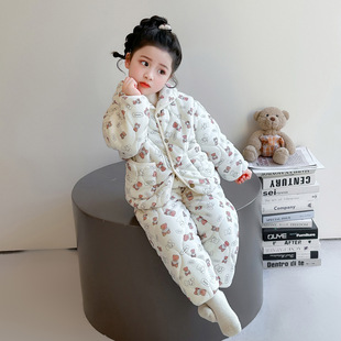 儿童三层加厚睡衣冬季女童加绒保暖家居服女孩宝宝冬装可外穿套装