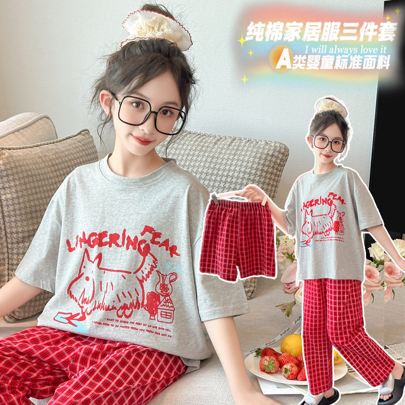 新款女童睡衣纯棉夏季2025儿童女孩薄款短袖家居服初中生棉绸套装