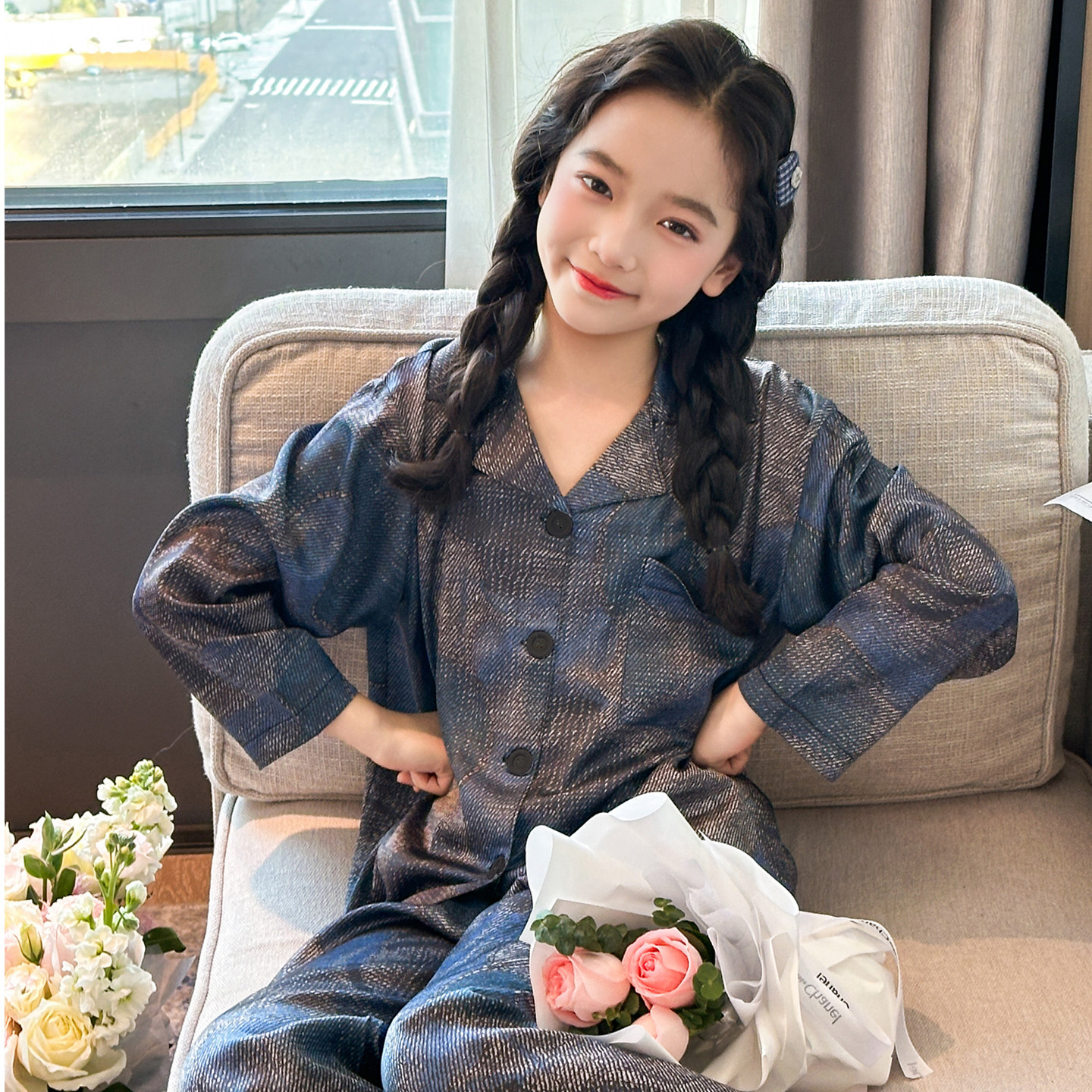 女童翻领格子睡衣套装春夏长袖家居服小个子可外穿宽松