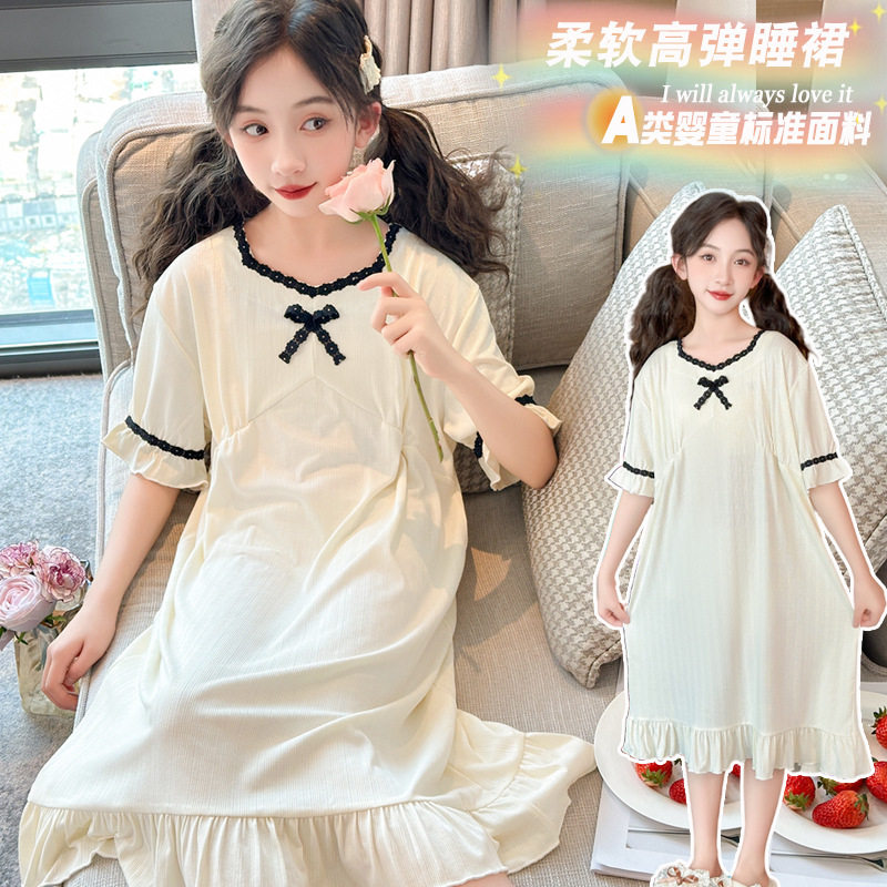 新款儿童睡裙女孩夏季短袖家居裙2025大女童睡衣蕾丝公主裙子夏款