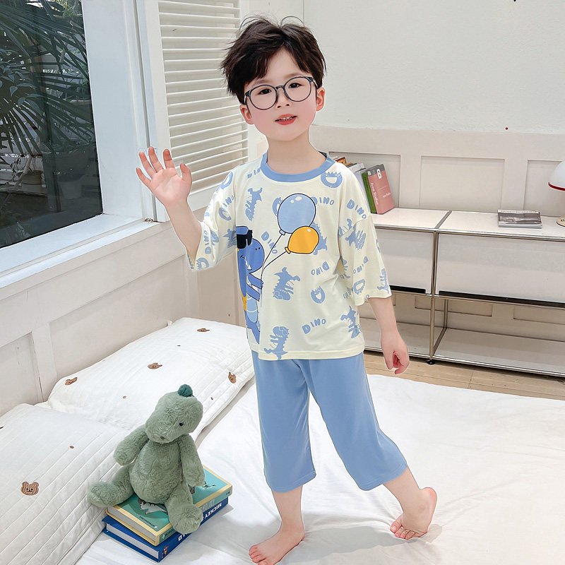 男童卡通恐龙莫代尔家居服套装夏季七分袖七分裤超柔软空调服