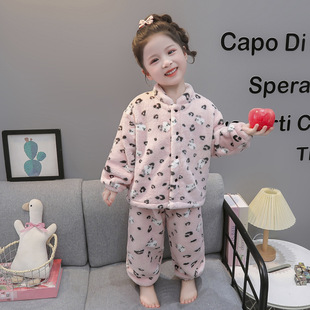 儿童睡衣女童法兰绒秋冬季女宝宝粉色可爱豹纹开衫套装加厚家居服
