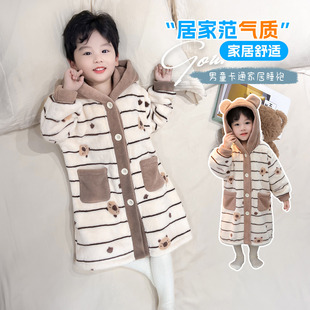 新款男童睡袍秋冬款2025珊瑚绒长袖浴袍儿童卡通熊企鹅睡衣家居服