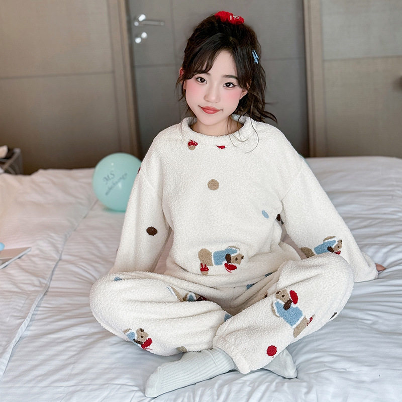 女童睡衣2025秋中大童初中生珊瑚绒加厚秋冬季保暖家居服套装圆领