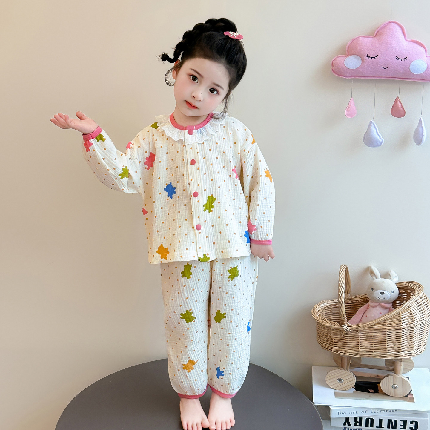 儿童睡衣女童春夏季纯棉薄款长袖空调服女孩睡衣中小童家居服套装