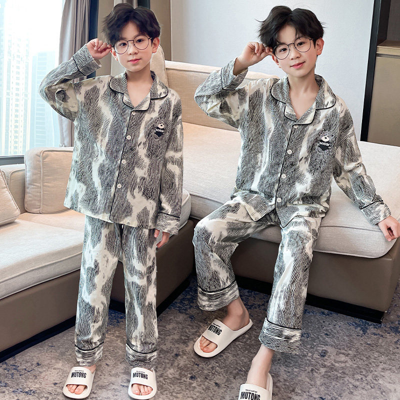 纯棉男童睡衣春秋长袖开衫式印花家居服套装青少年卡通