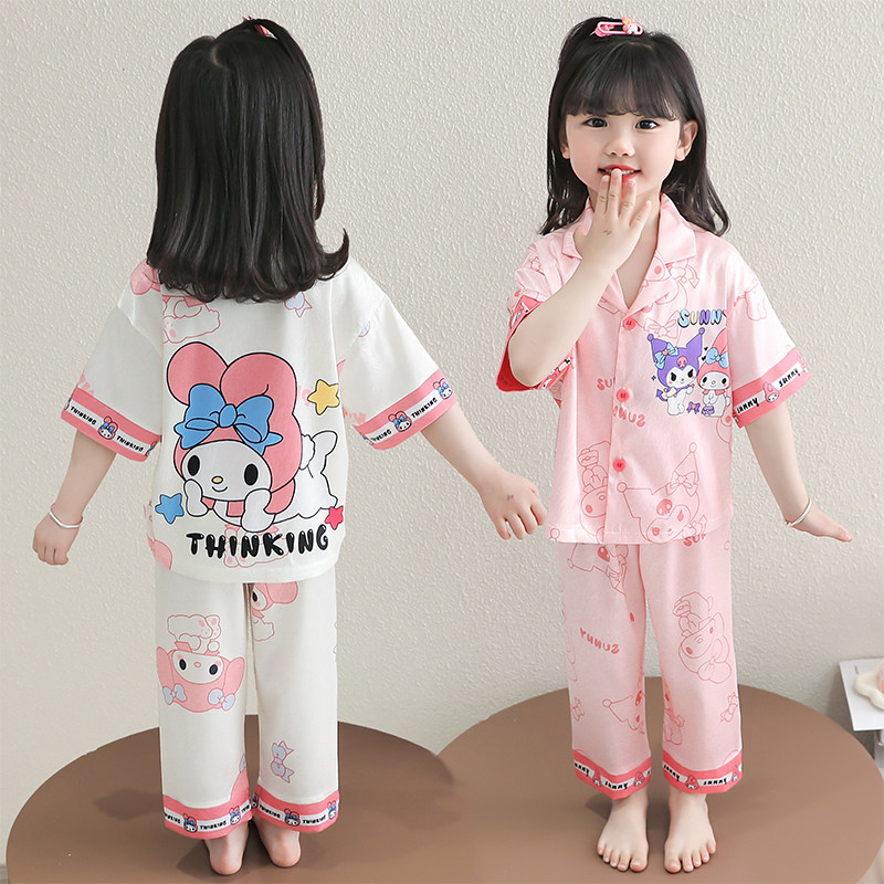 女童卡通冰丝睡衣套装夏季短袖薄款宽松亲子家居服
