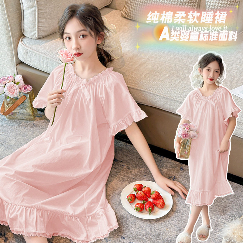 睡衣女夏季薄款棉质纯色短袖睡裙甜美可爱韩版宽松大码家居服裙子