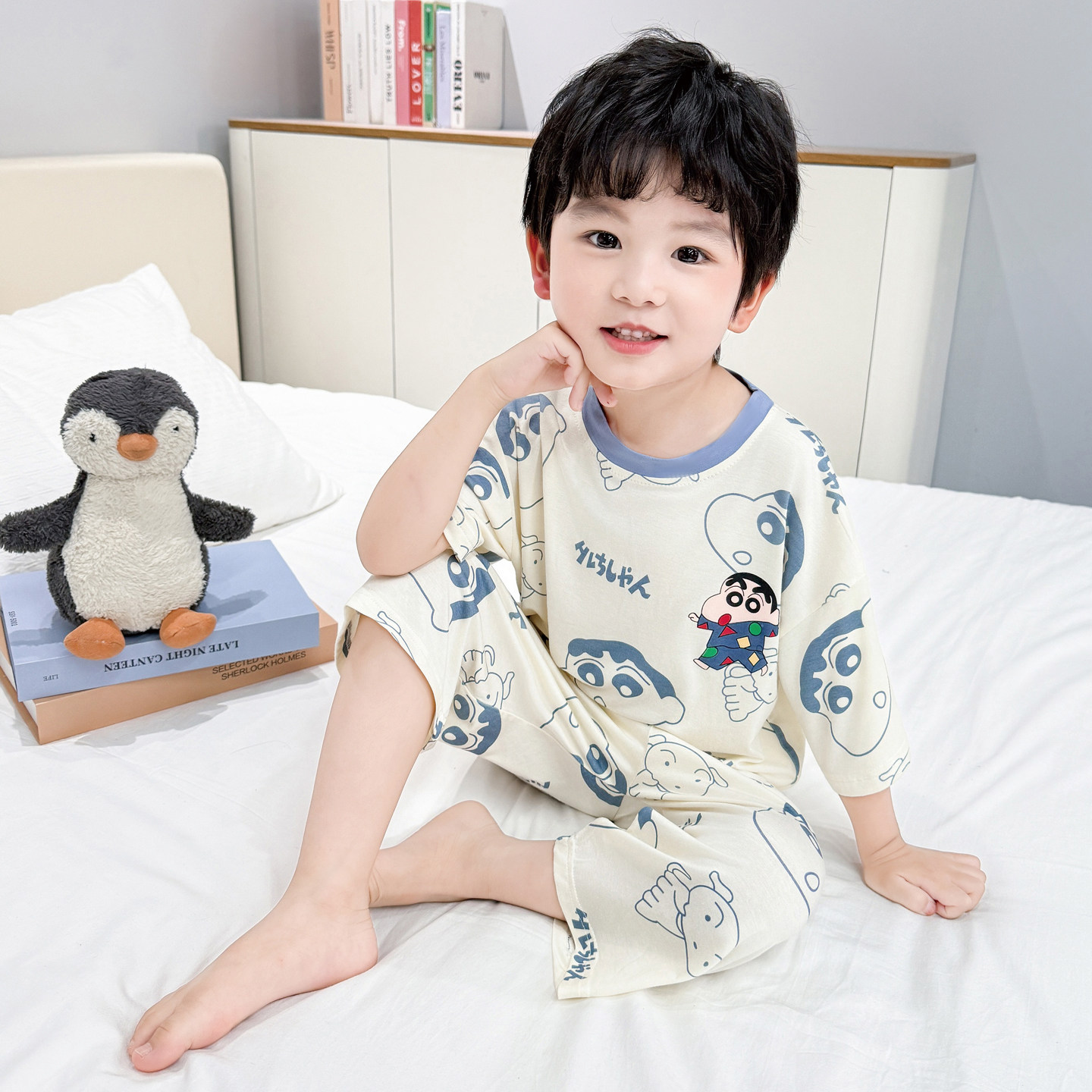 夏季男童蜡笔小新七分袖睡衣套装
