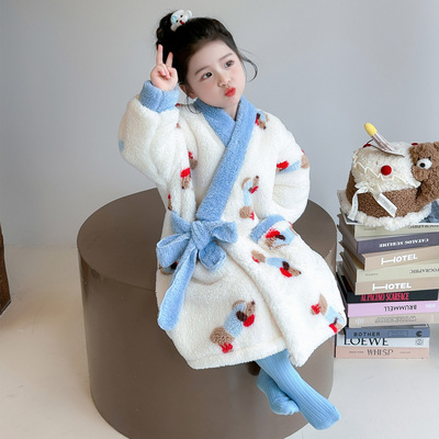 新款女童睡袍秋冬季法兰绒加厚珊