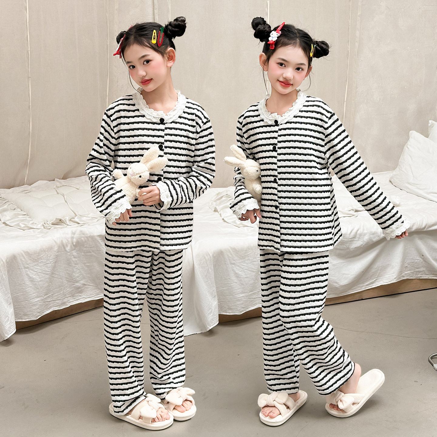 女童条纹睡衣春秋纯棉长袖公主风大童家居服套装