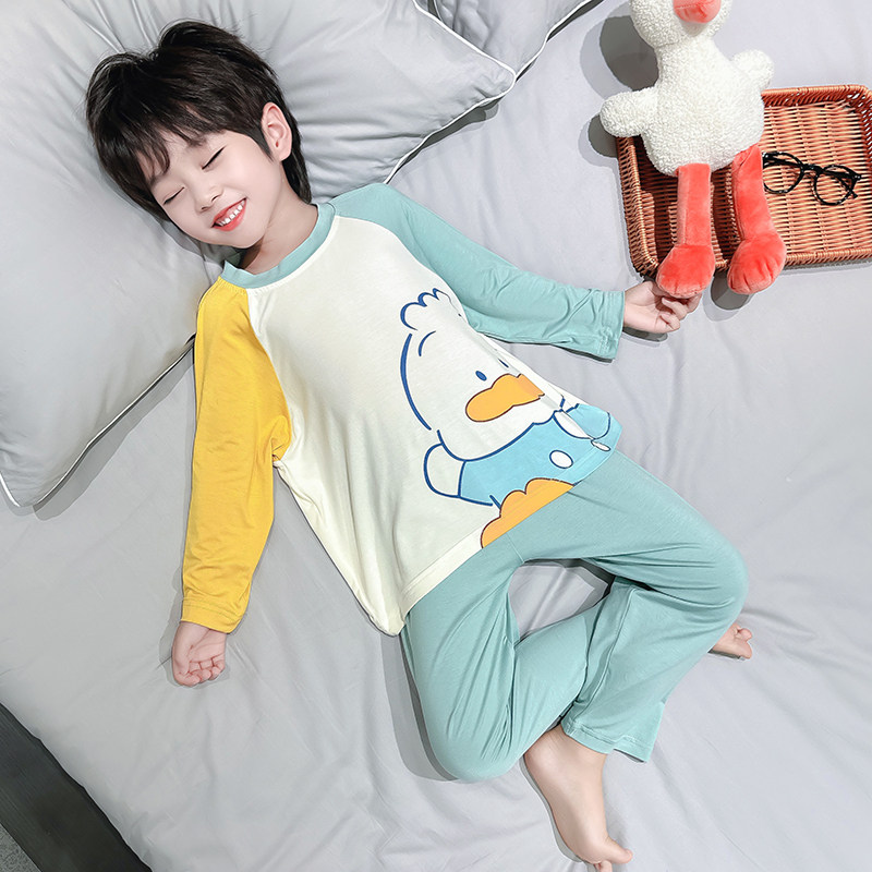 儿童莫代尔睡衣套装夏季薄款长袖卡通家居服男女童空调服