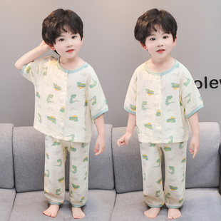 儿童睡衣男童夏季纯棉纱布恐龙印花开衫家居服套装A类