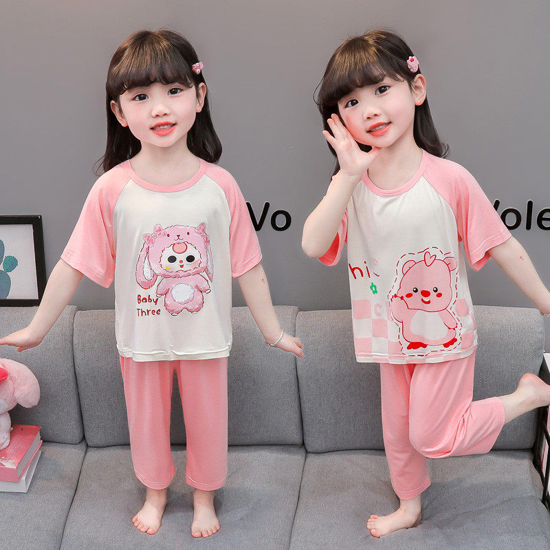 女童夏季卡通印花家居服套装短袖长裤睡衣两件套可爱居家服
