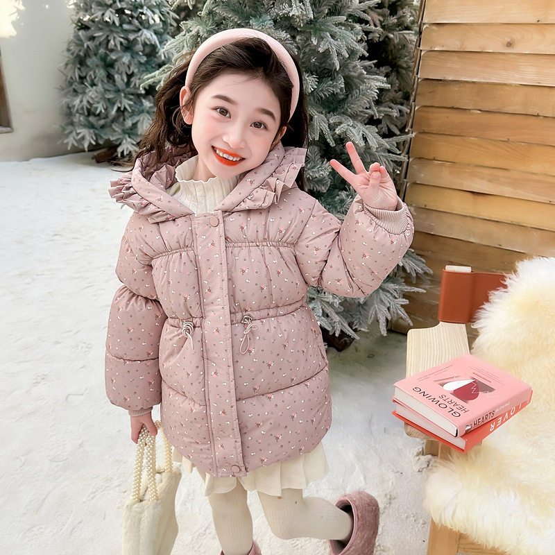 女童棉服冬季中长款2024新款儿童加厚羽绒棉小碎花外套洋气棉衣