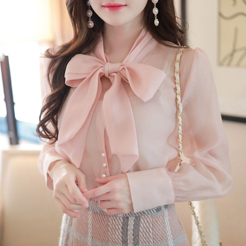 雪纺衫女甜美上衣蝴蝶结衬衫女长袖洋气时尚2024气质小衫粉色衬衣