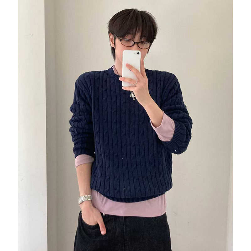 Z家韩国东大门代购MENTO立体麻花纹圆领针织衫层次复古休闲毛衣男