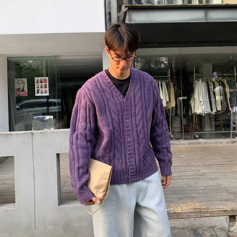 Z家韩国东大门代购SignigtV领宽松版型麻花纹开衫春秋季毛衣外套