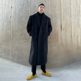 外套 过膝肌肉型男盐系潮高街帅气韩版 年前清仓 毛呢大衣男长款