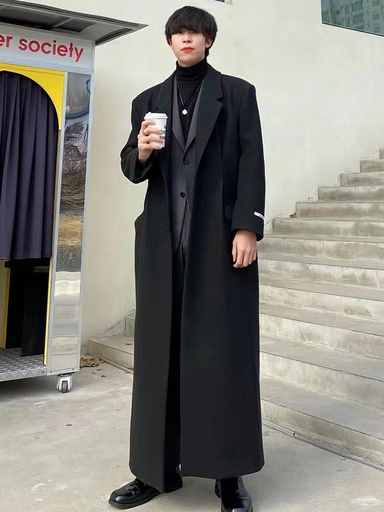 KING COAT WOOLEN COAT MENS LONG WINDBREAKER JACKET MENS HANDSOME OVER THE KNEE CASUAL KOREAN VERSION TREND BRITISH STYLE
