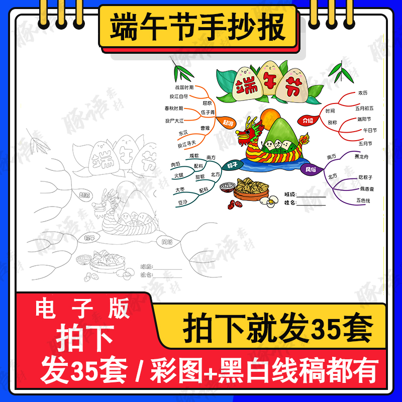 中国传统节日思维导图电子版端午节手抄报模板线稿8ka3a4绘画黑白