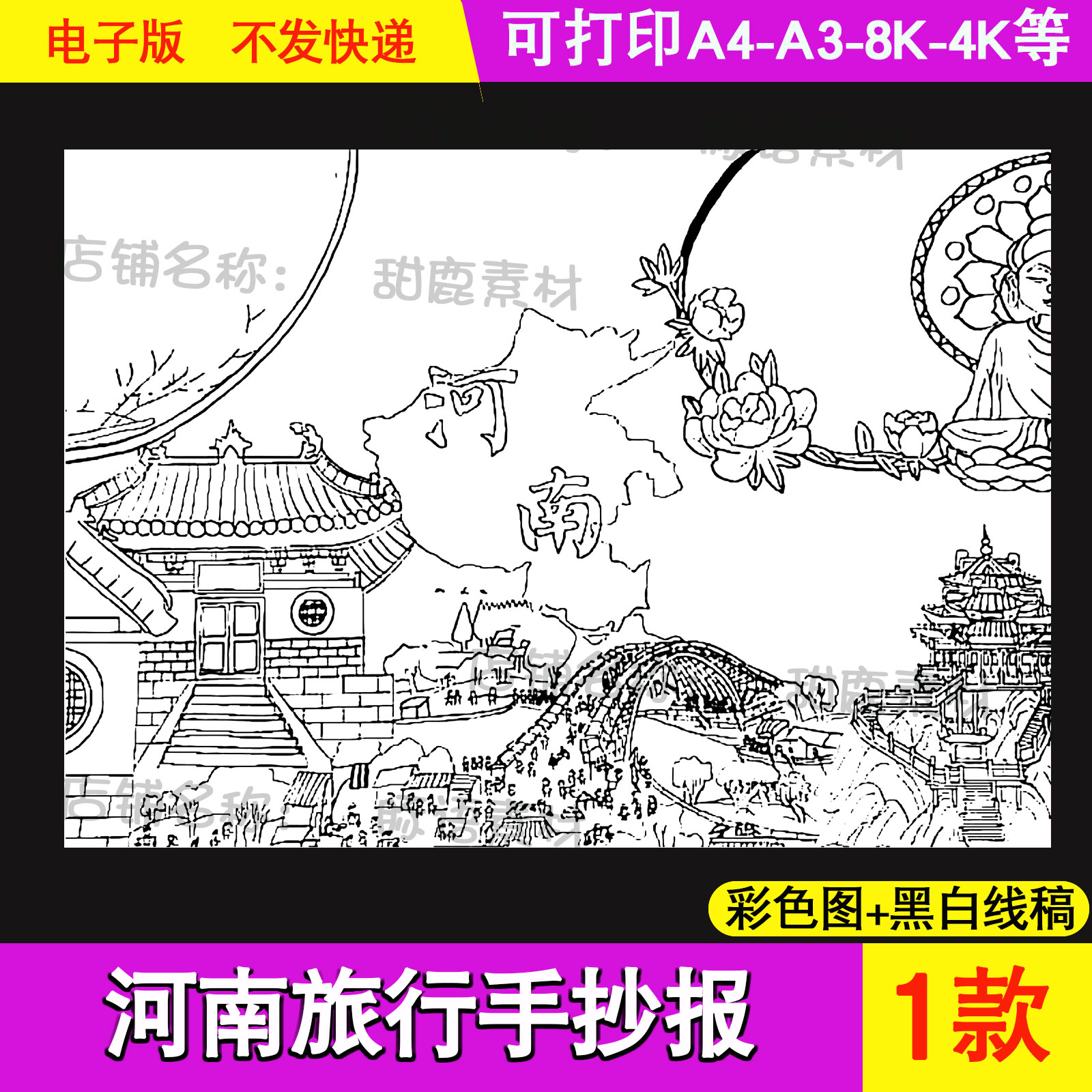 河南旅游记手抄报小学生假期旅行小报横版电子版A3A48k4K