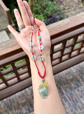 翡翠平安扣貔貅蟹钳手工编织锁骨项链绳毛衣链女士玉石本命年吊坠