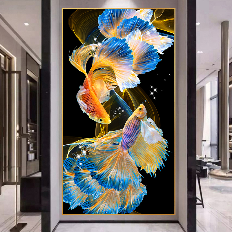 5D满钻招财锦鲤玄关钻石画现代简约风入户过道钻石绣点贴钻十字绣