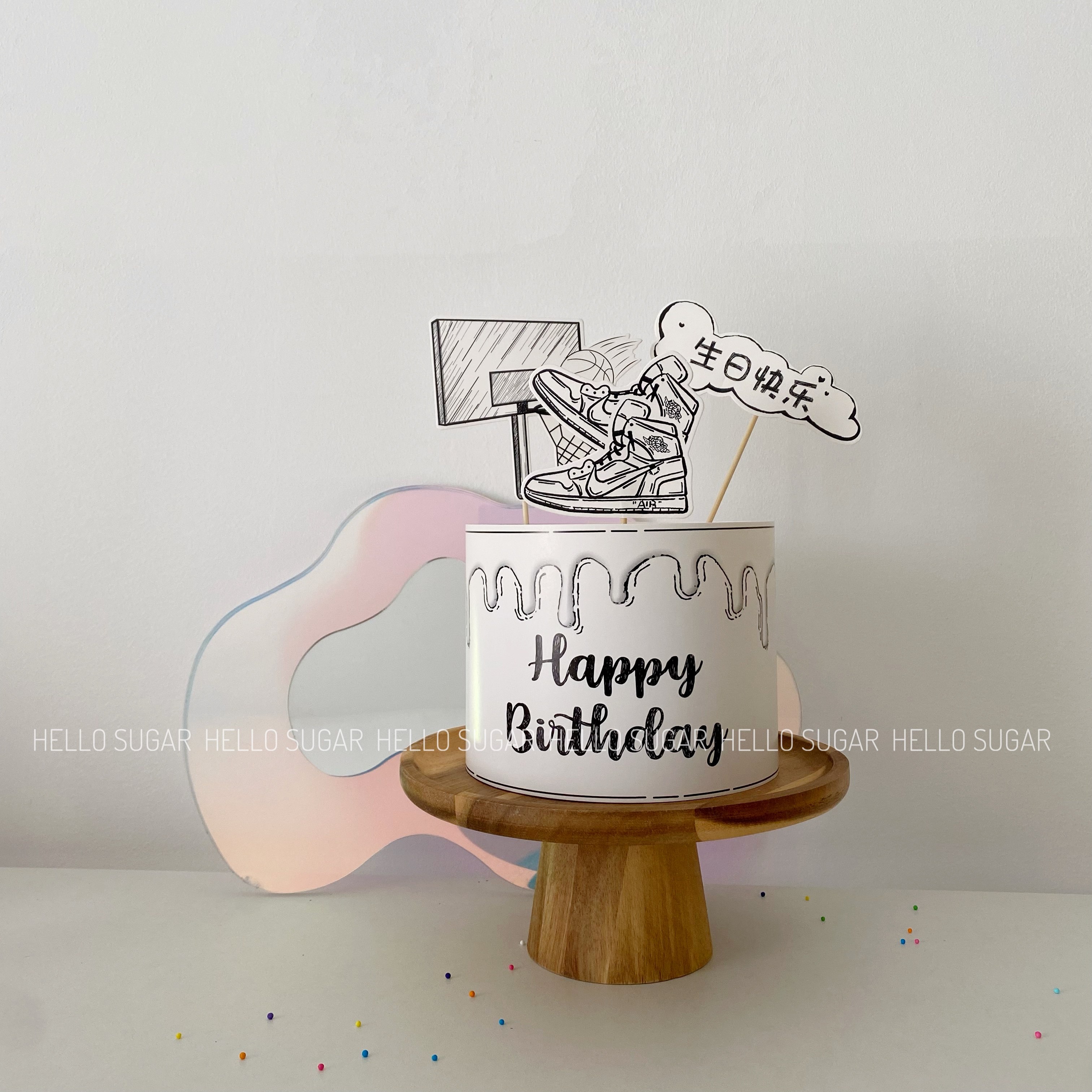 篮球鞋黑白素描漫画风二次元男生超酷生日蛋糕插牌装饰围边装饰