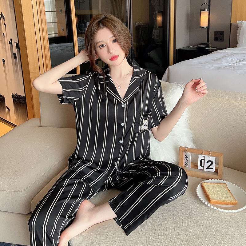 条纹刺绣冰丝睡衣女2023高级感春秋款夏季薄款真丝绸男士短袖套装