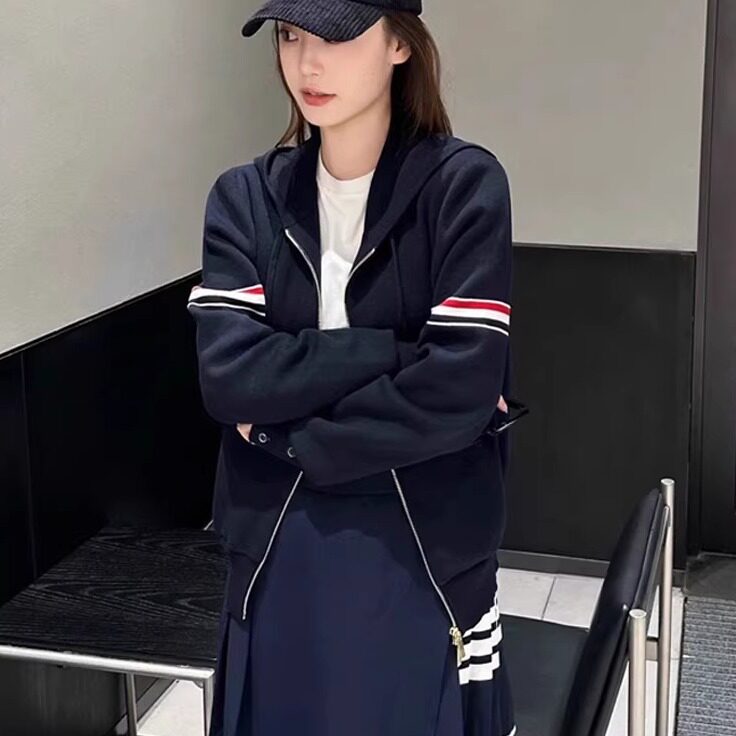 2025新款TB汤姆卫衣男女同款连帽衫双拉链帽衫卫衣双袖红白蓝条纹