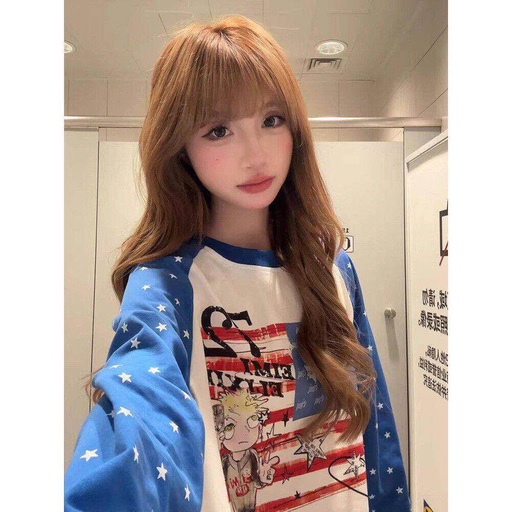 日本代购美式复古撞色星星插肩袖长袖T恤女2026新款宽松休闲上衣