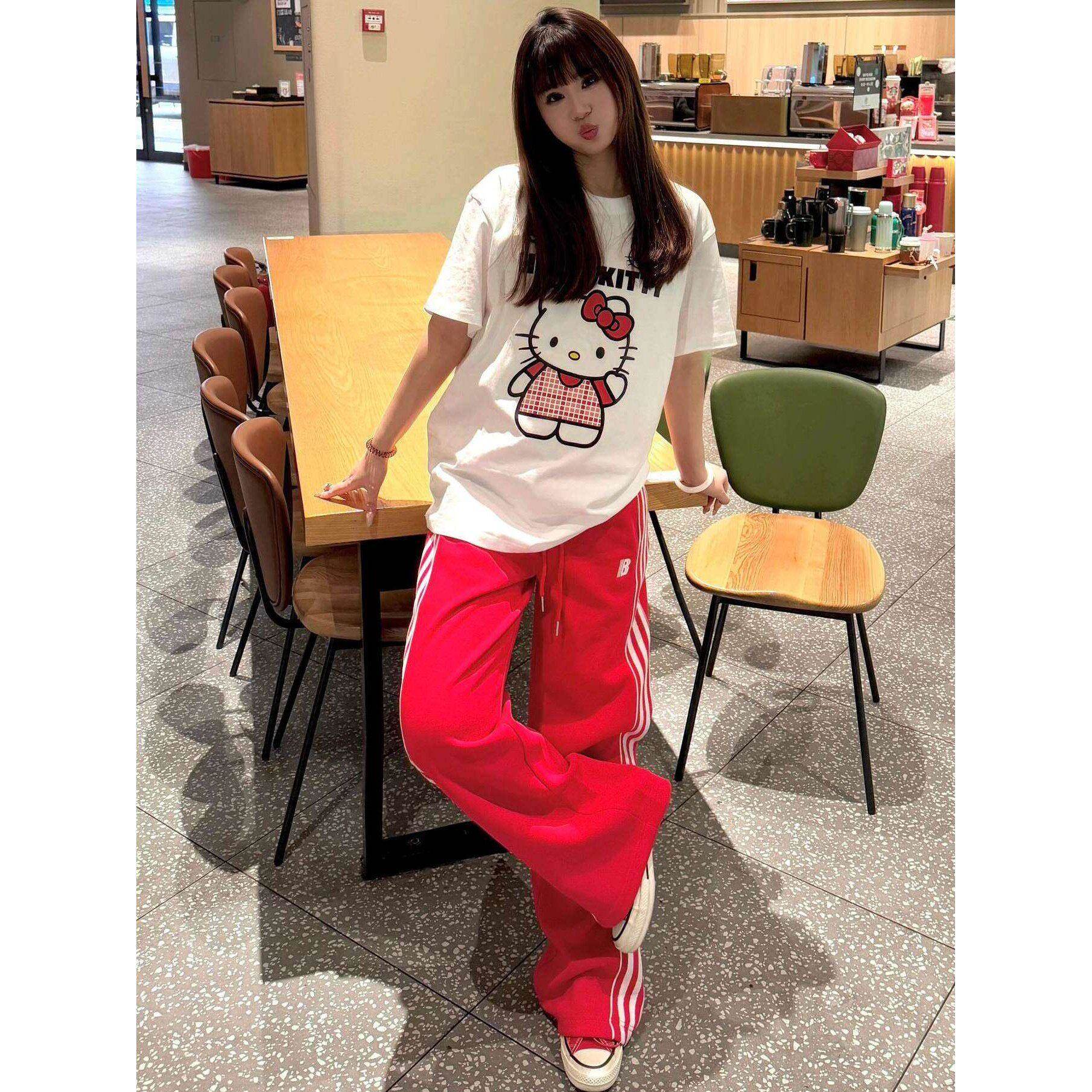 日本正版Kitty猫2026新款纯棉短袖t恤女夏美式正肩半袖宽松上衣潮