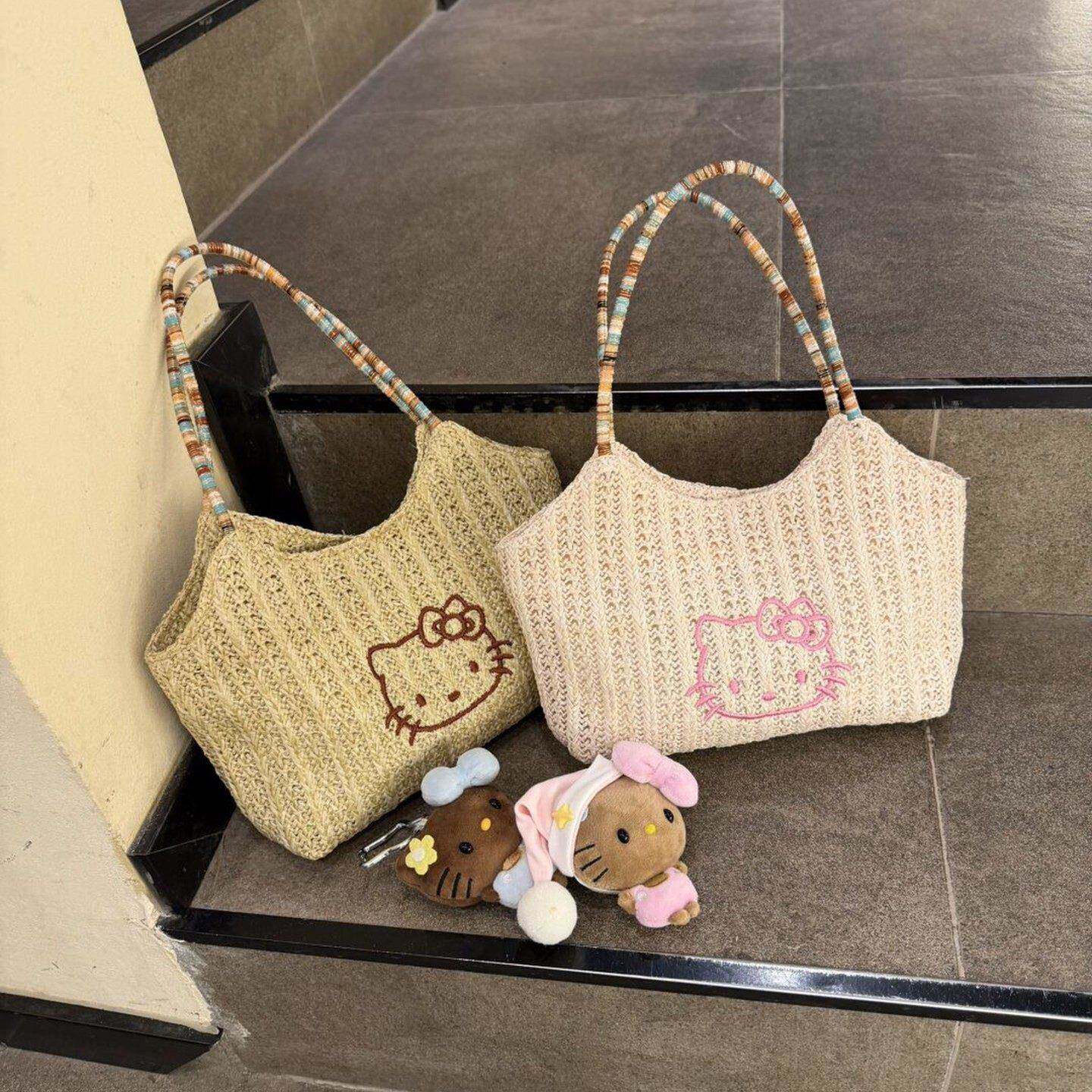 日本代购度假风可爱kt草编手提包女ins风休闲通勤大容量沙滩包包