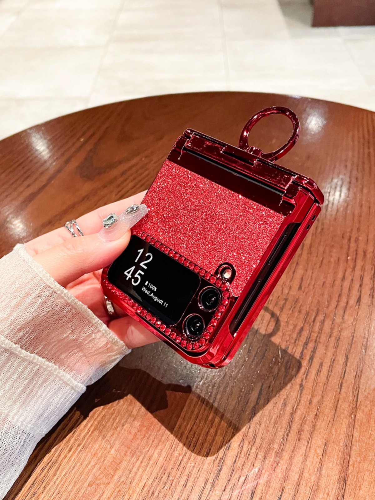 适用三星zflip4手机壳z flip3折叠屏w23flip心系天下全包防摔4代新年喜庆红女款镶钻指环闪粉铰链保护套 - 封面