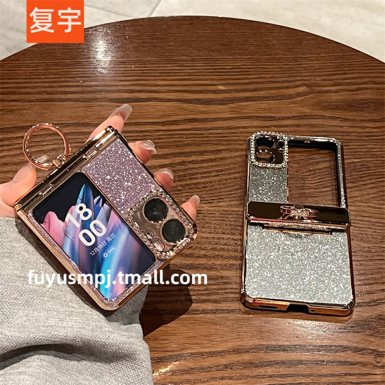 适用OPPOFindN2Flip手机壳折叠屏新款oppo find n2 flip女镶钻网红渐变闪粉电镀指环铰链全包防摔保护套