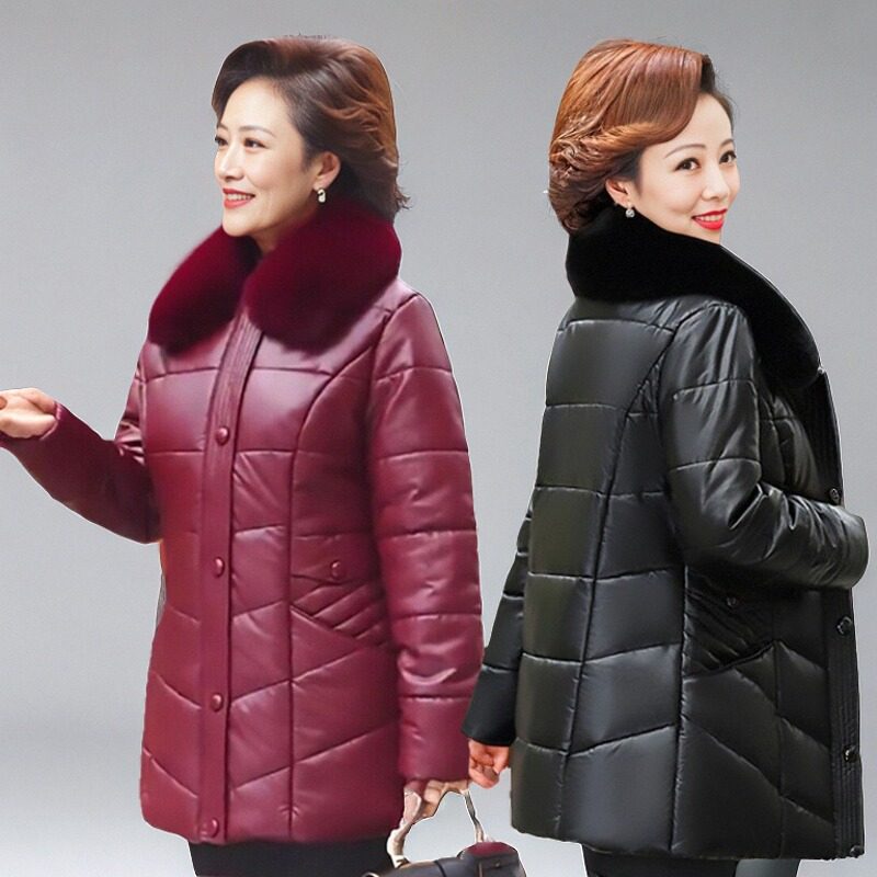 加厚中年皮衣女中长款棉服妈妈装皮棉衣中老年皮夹克秋冬外套时尚