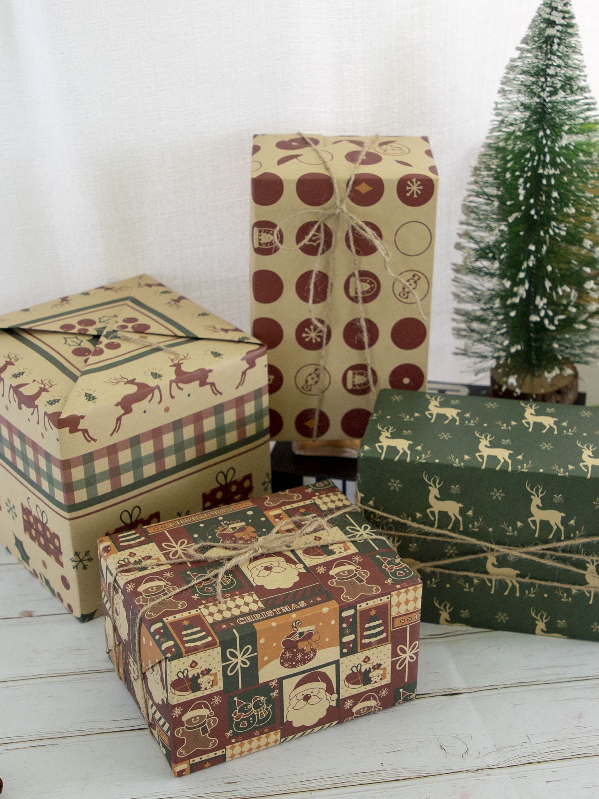 크리스마스 선물 포장지 두꺼운 크래프트 종이 휴일 창조적 인 장식 선물 종이 대마 밧줄 양면 테이프 선물 상자 종이