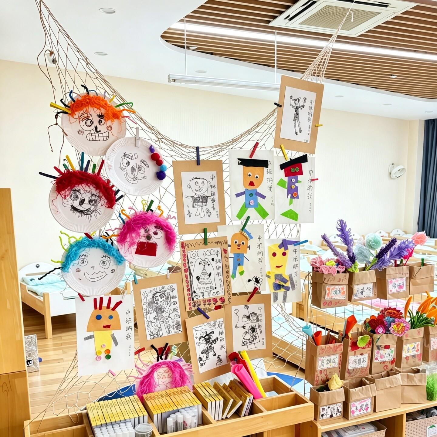 幼儿园教室渔网创意美术作品展示