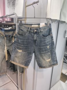 韩版 男士 复古破洞牛仔短裤 2024夏季 新款 潮流水洗蓝色高弹力五分裤