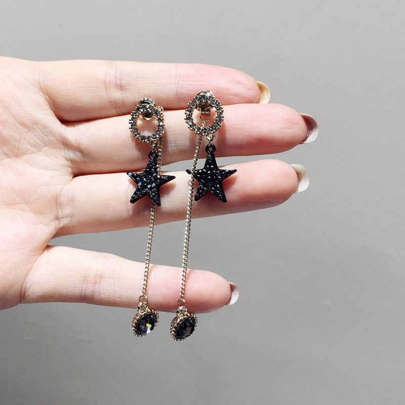 韩国风气质甜美满钻五角星S925银针两用耳钉 长款流苏水钻耳坠饰