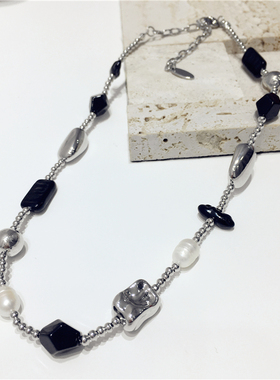 不规则金属块仿珍珠拼接项链