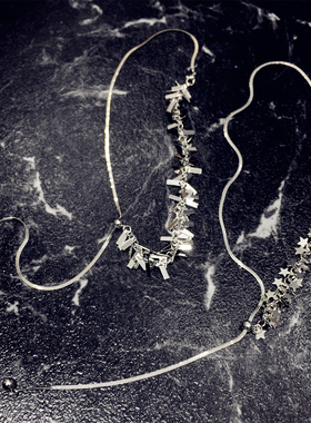 简约气质金属银色五角星星长方形片抽拉丝可调节项链流苏锁骨链颈