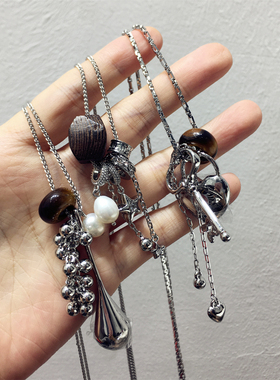 韩国风新款高级感奢华木质方块几何水滴星星锁流苏吊坠项链毛衣链