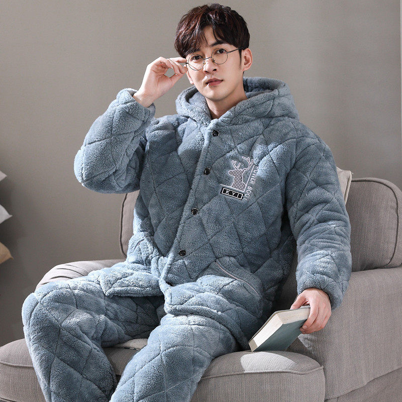 睡衣女男秋冬季珊瑚绒加厚加绒保暖三层夹棉法兰绒可外穿家居套装