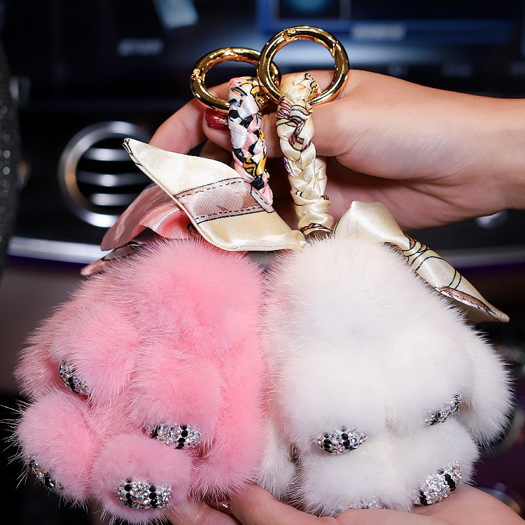 水貂毛迷你兔兔汽车钥匙扣挂件毛绒镶钻白兔子包包高档装饰女礼物