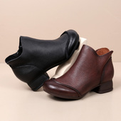 手工女鞋 中低跟 复古女靴子真皮软底短靴及裸靴秋冬单靴牛皮妈妈鞋