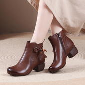 复古真皮妈妈短靴原创花朵民族风女靴头层牛皮单靴中粗跟软底女鞋