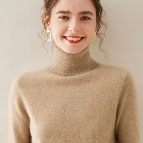 100%纯山羊绒衫女高翻领套头毛衣